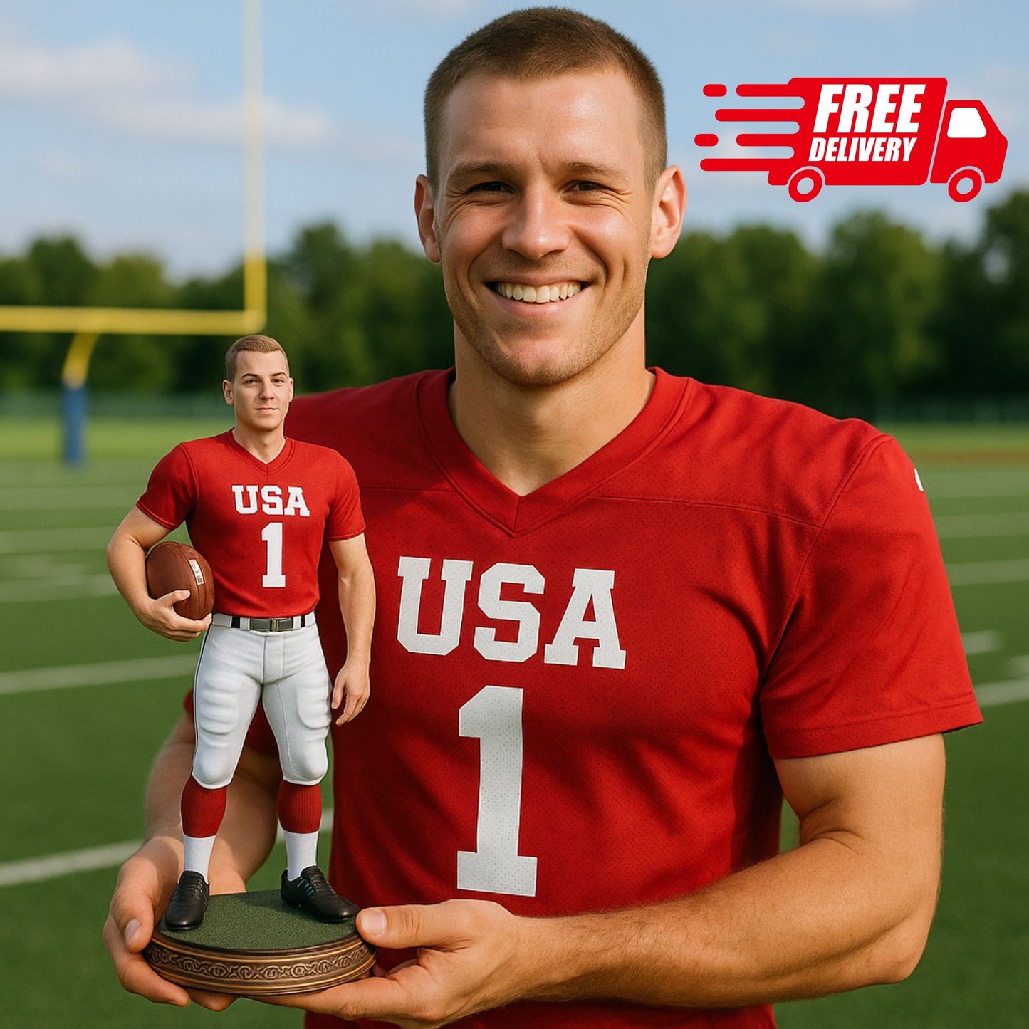 Custom 3D Printed Football Figurine From Photo – Personalized Bobblehead, Unique Sport Gift for Football Lovers, Birthday & Holiday Keepsake