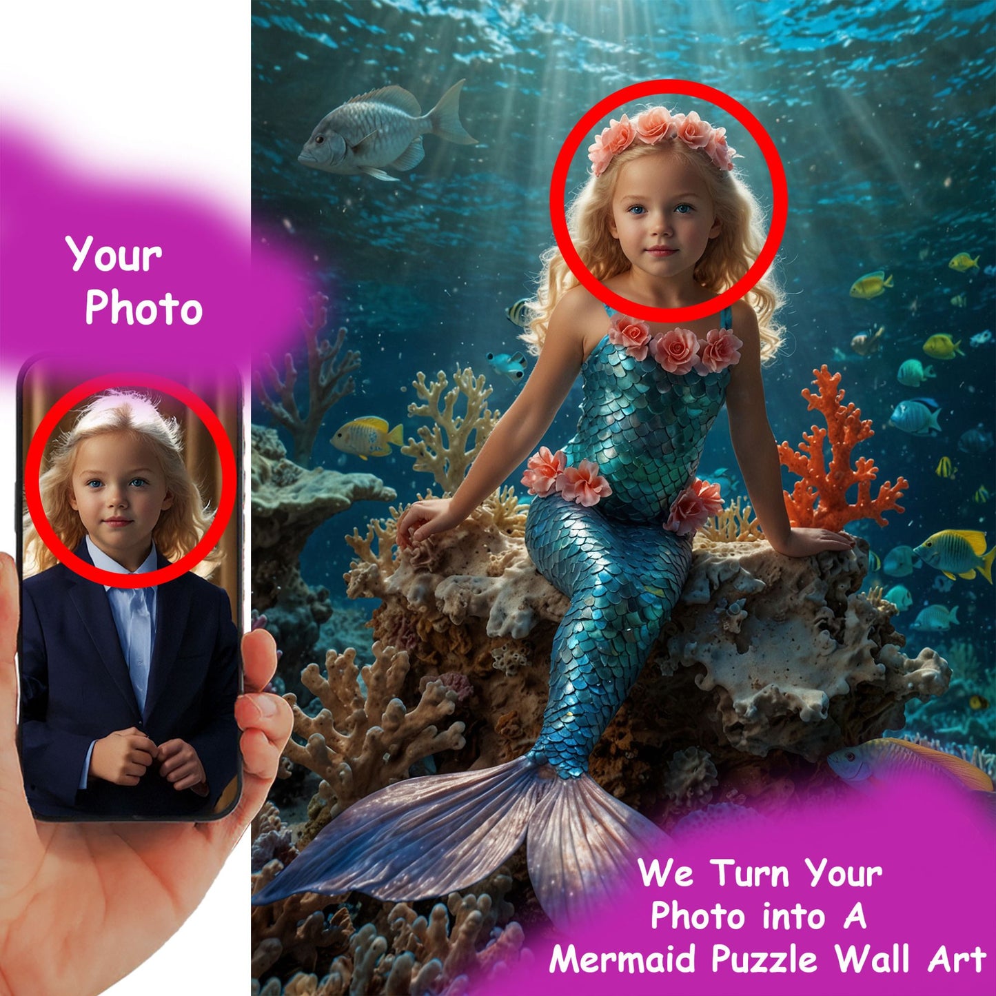Custom Mermaid Puzzle for Kids – Dive into a Whimsical Underwater World with Your Child’s Photo | Keepsake for Mermaid-Loving Girls 🐠🌟. R26(MXX)