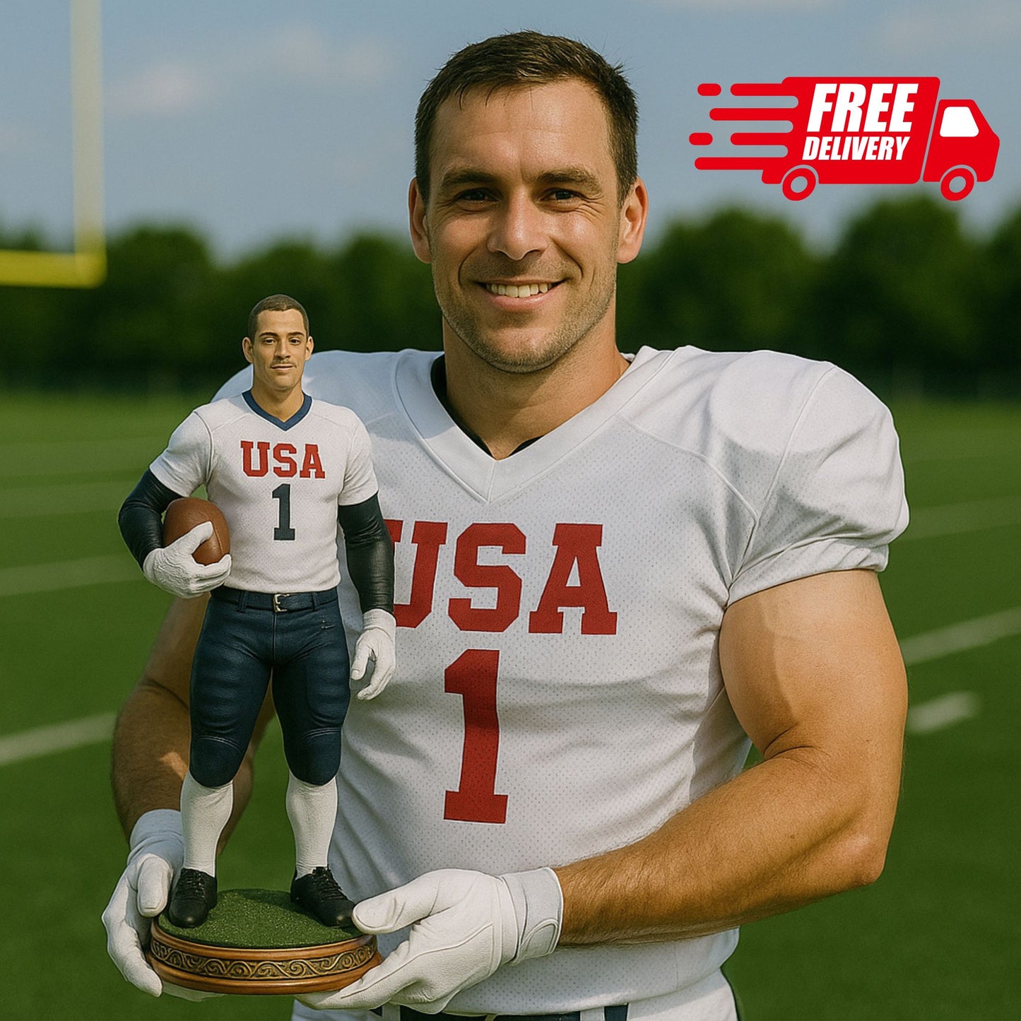 Custom 3D Printed Realistic Football Player Figurine from Your Photo – Personalized Sports Bobblehead Gift for Kids, Men, Moms, and Football Fans