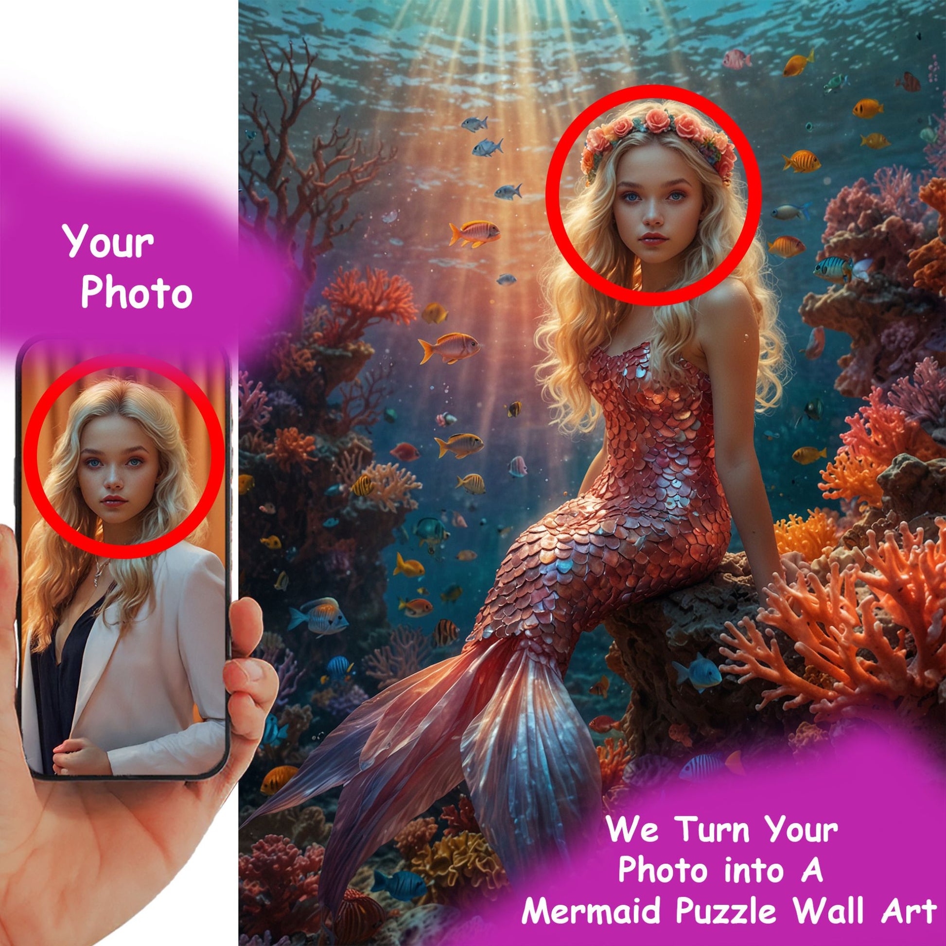 Custom Mermaid Puzzle – Transform Your Girl’s Photo into a Beautiful Mermaid Tale | Perfect Ocean-Themed Gift for Little Fantasy Lovers 🌊🧜‍♀️. R26(XTX)