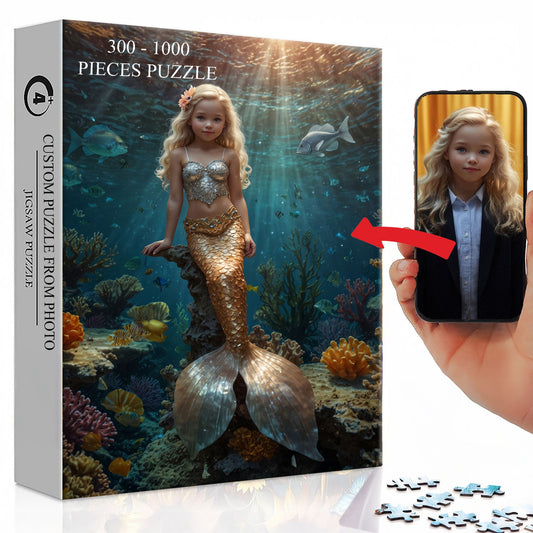 Custom Mermaid Kids Puzzle – Turn Your Child’s Photo into a Magical Mermaid Scene | Personalized Gift for Ocean-Loving Little Girls 🧜‍♀️✨