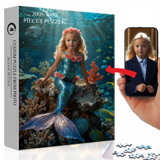 Custom Mermaid Puzzle for Kids – Dive into a Whimsical Underwater World with Your Child’s Photo | Keepsake for Mermaid-Loving Girls 🐠🌟. R26(MXX)