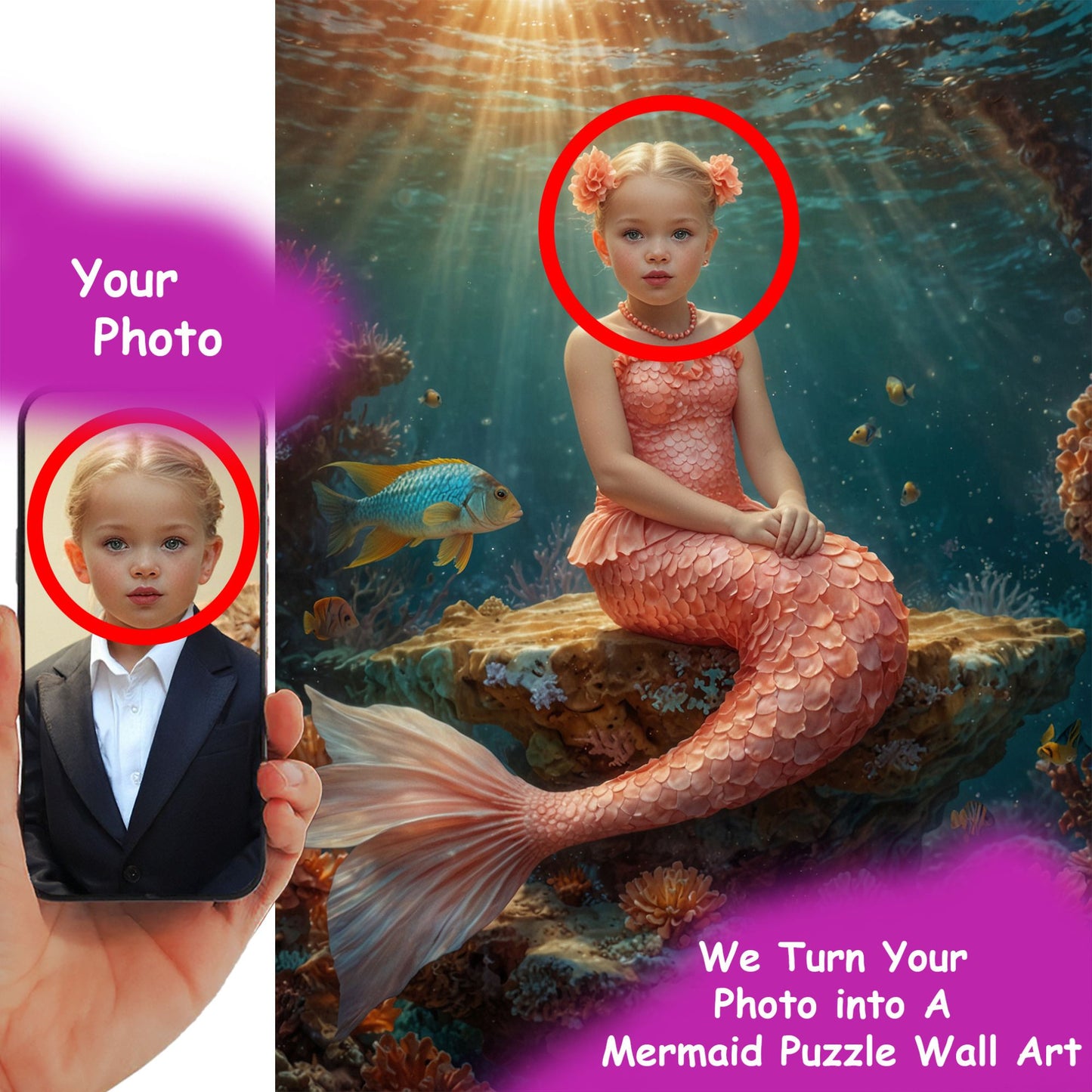 Personalized Mermaid Puzzle – Create a Stunning Mermaid Portrait from Your Daughter’s Photo, Magical Ocean Keepsake Gift Idea 🧜‍♀️🎨. R26(MXX)