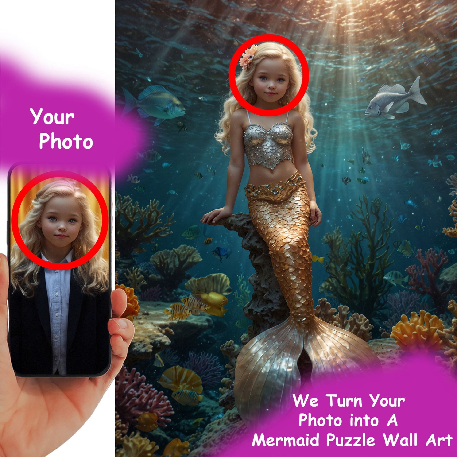 Custom Mermaid Kids Puzzle – Turn Your Child’s Photo into a Magical Mermaid Scene | Personalized Gift for Ocean-Loving Little Girls 🧜‍♀️✨